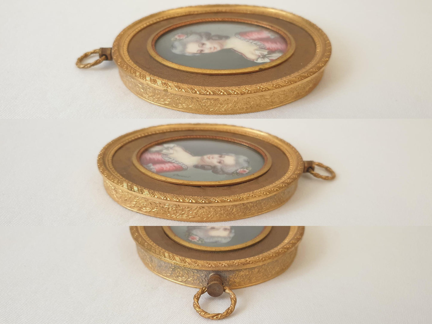 Antique 19th Century Hand Painted French School Miniature Portrait of a Beautiful Lady, Signed GAMET, in Gilded Bronze Medallion Frame