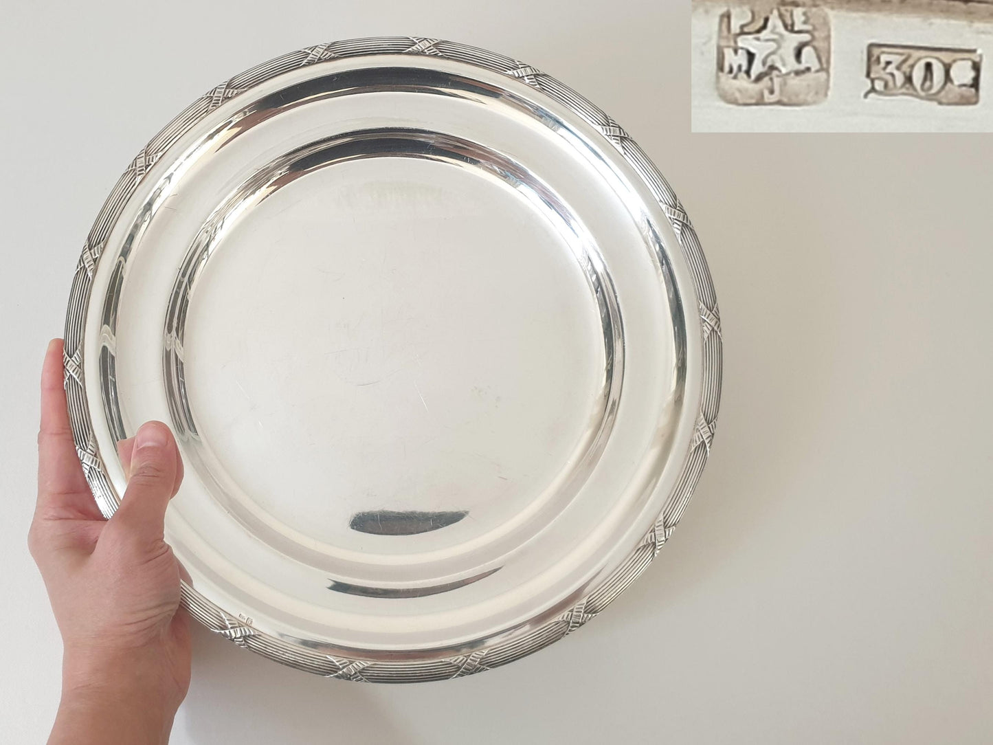 French Large Silver Plated Round Platter or Serving Tray with Ribbon Rim