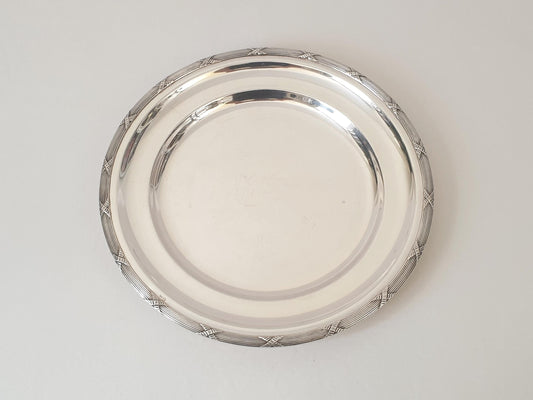 French Large Silver Plated Round Platter or Serving Tray with Ribbon Rim