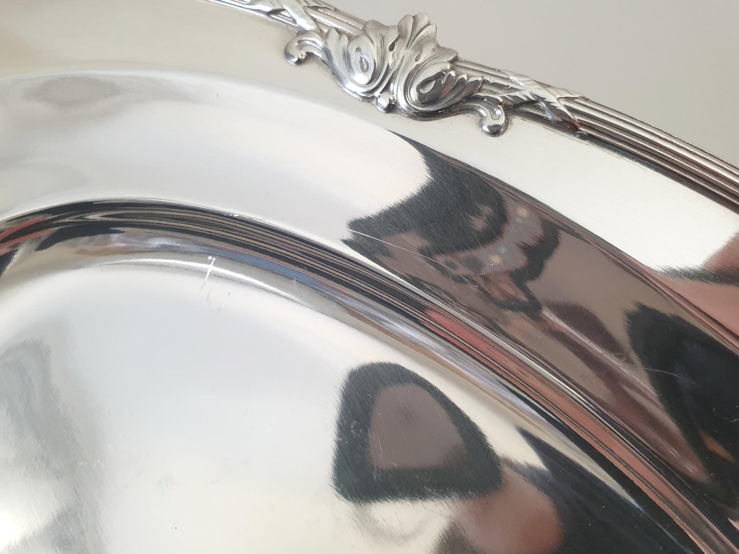 French Silver Plated Oval Serving Tray with Ribbon Rim in Louis XVI Style by Roux Marquiand, Lyon