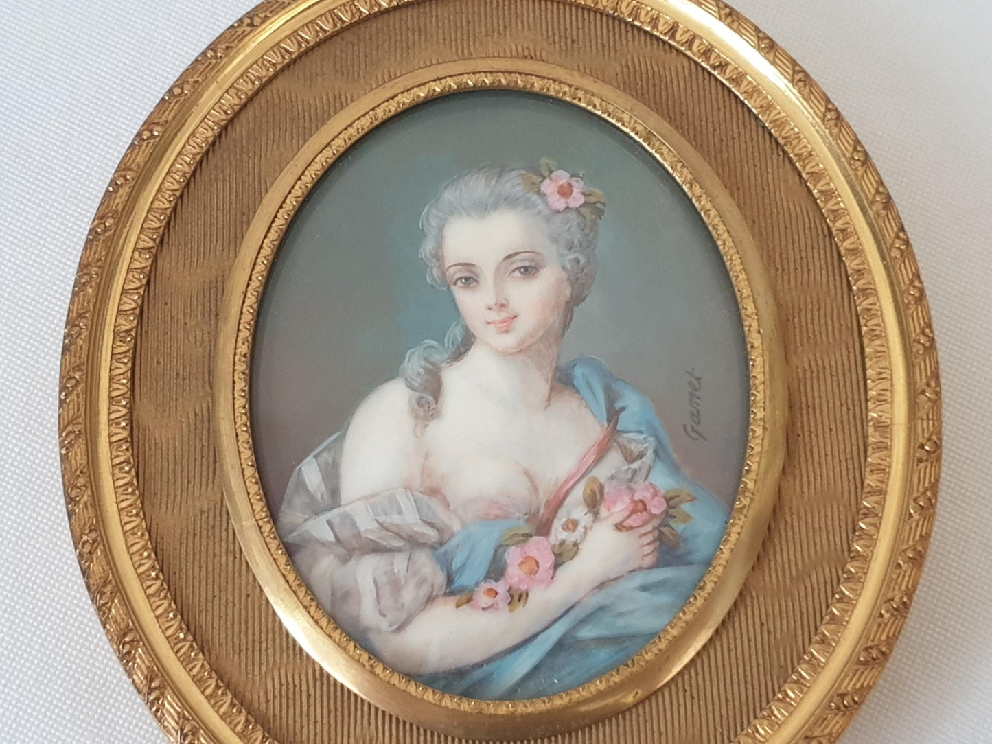 Antique 19th Century Hand Painted French School Miniature Portrait of a Lady with Flowers, Signed GAMET, in Gilded Bronze Medallion Frame