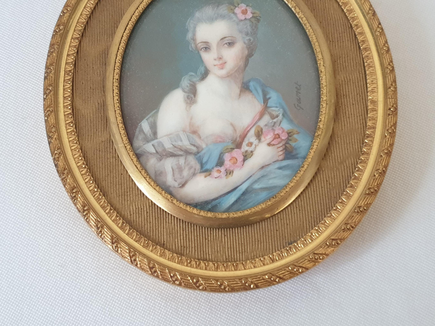 Antique 19th Century Hand Painted French School Miniature Portrait of a Lady with Flowers, Signed GAMET, in Gilded Bronze Medallion Frame