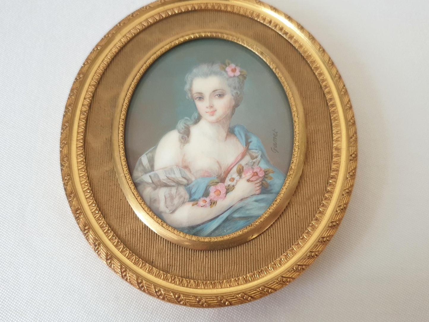 Antique 19th Century Hand Painted French School Miniature Portrait of a Lady with Flowers, Signed GAMET, in Gilded Bronze Medallion Frame