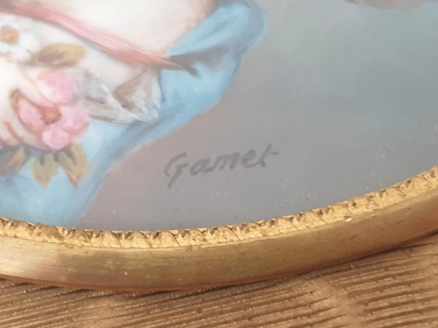 Antique 19th Century Hand Painted French School Miniature Portrait of a Lady with Flowers, Signed GAMET, in Gilded Bronze Medallion Frame