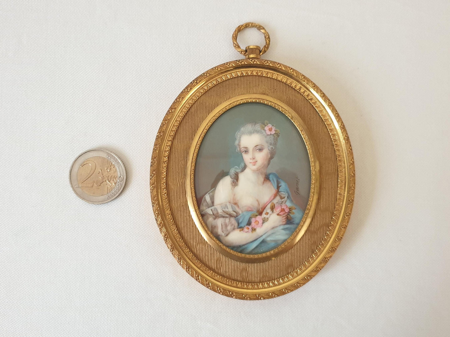 Antique 19th Century Hand Painted French School Miniature Portrait of a Lady with Flowers, Signed GAMET, in Gilded Bronze Medallion Frame