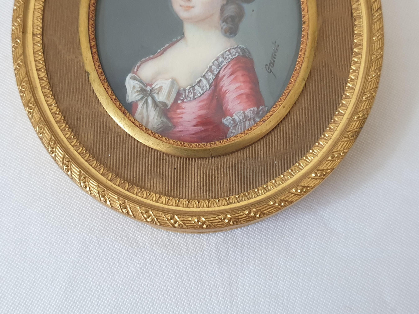 Antique 19th Century Hand Painted French School Miniature Portrait of a Beautiful Lady, Signed GAMET, in Gilded Bronze Medallion Frame