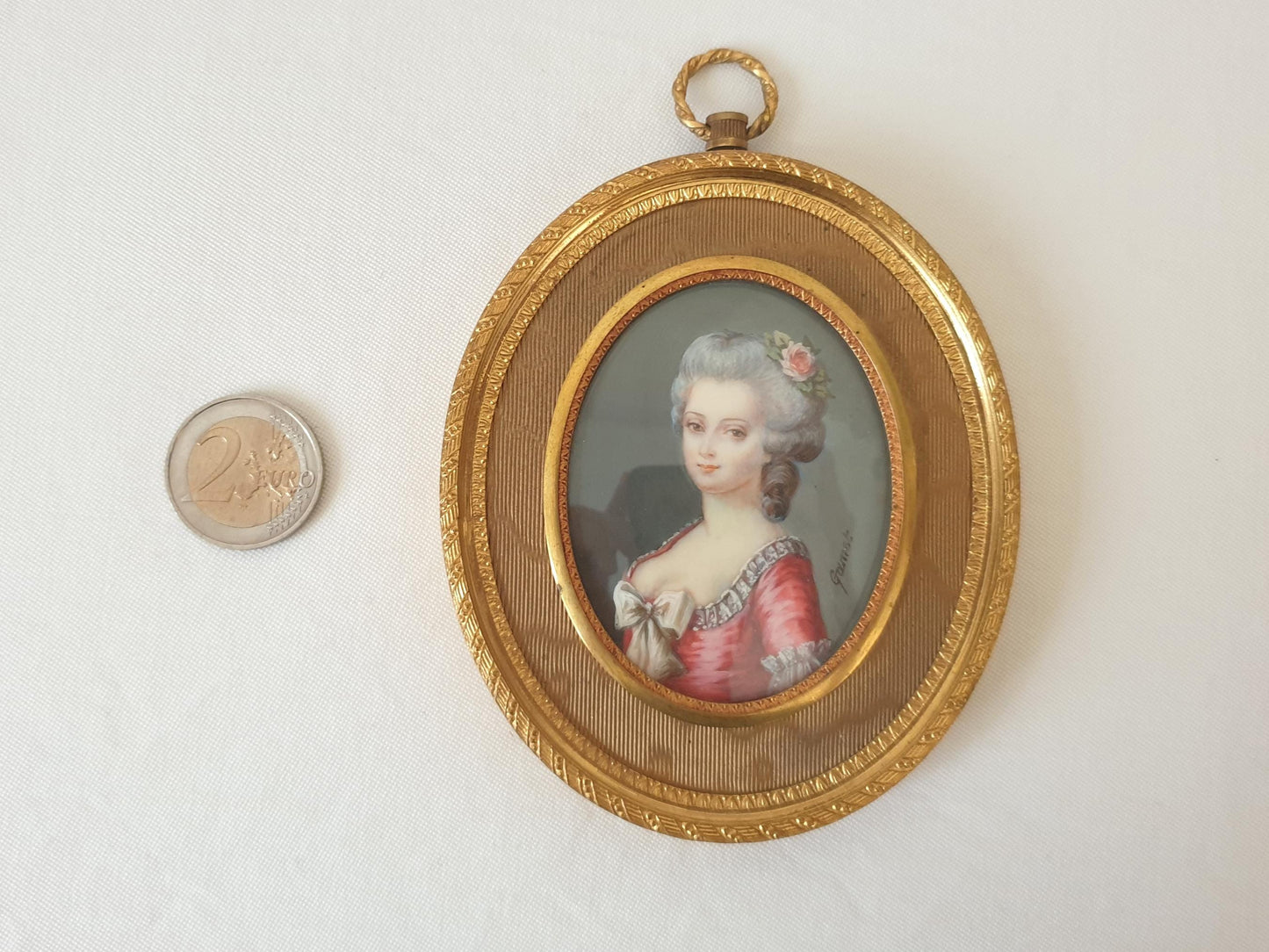 Antique 19th Century Hand Painted French School Miniature Portrait of a Beautiful Lady, Signed GAMET, in Gilded Bronze Medallion Frame