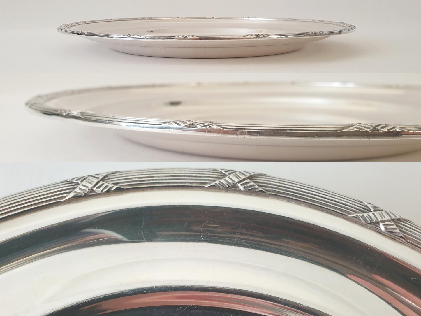 French Large Silver Plated Round Platter or Serving Tray with Ribbon Rim