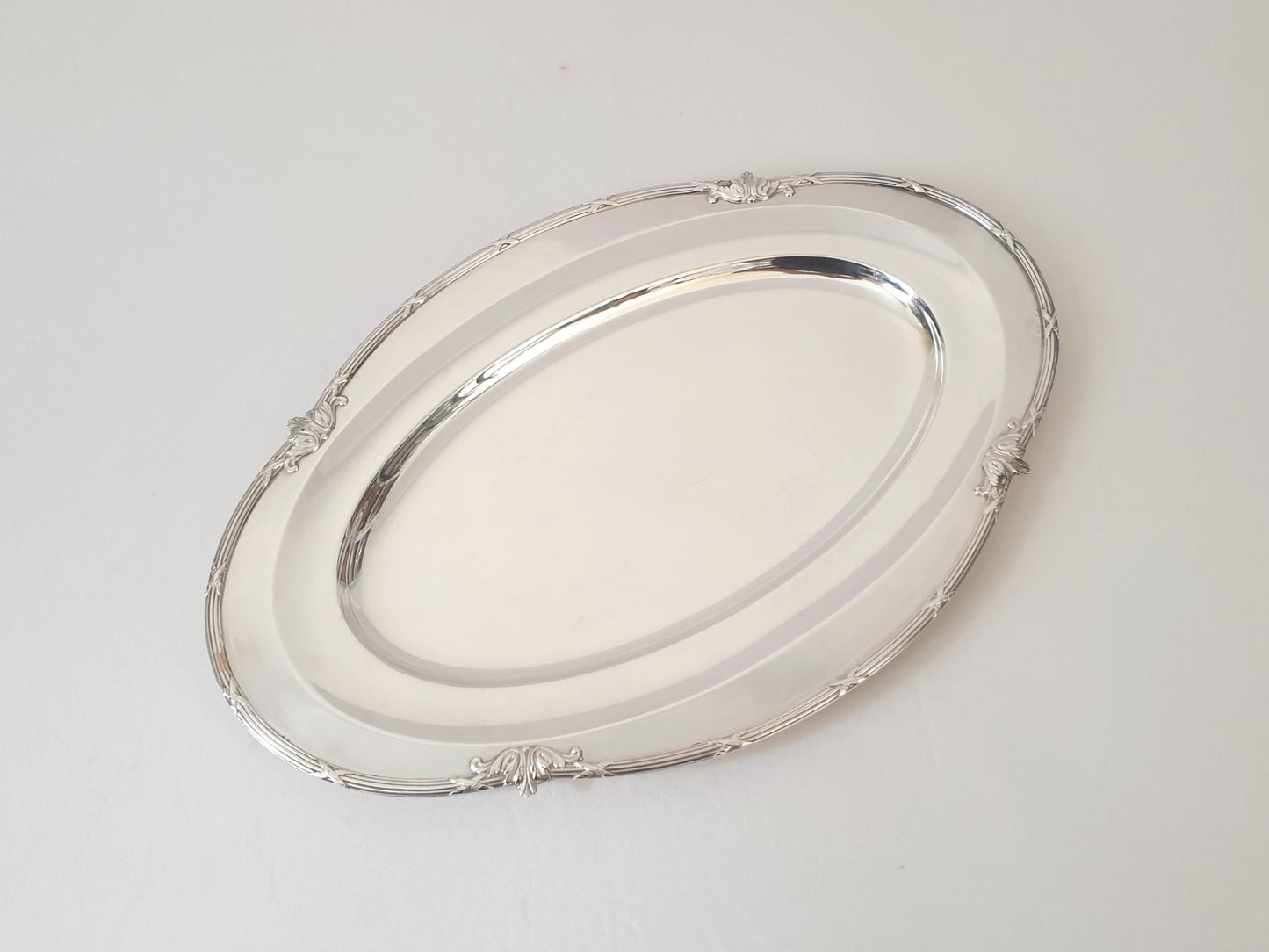 French Silver Plated Oval Serving Tray with Ribbon Rim in Louis XVI Style by Roux Marquiand, Lyon