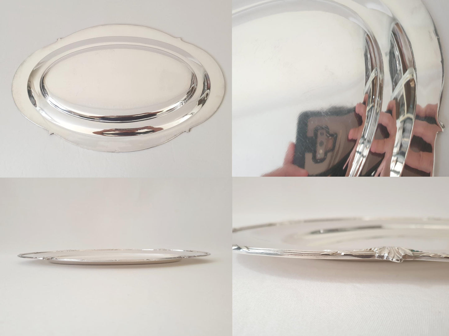 French Silver Plated Oval Serving Tray with Ribbon Rim in Louis XVI Style by Roux Marquiand, Lyon