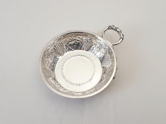 English Sterling Silver Wine Taster (Tastevin) with Grapevine Design - Serpent Handle by Herbert & Lawrence Parsons of Tessier, London, 1970