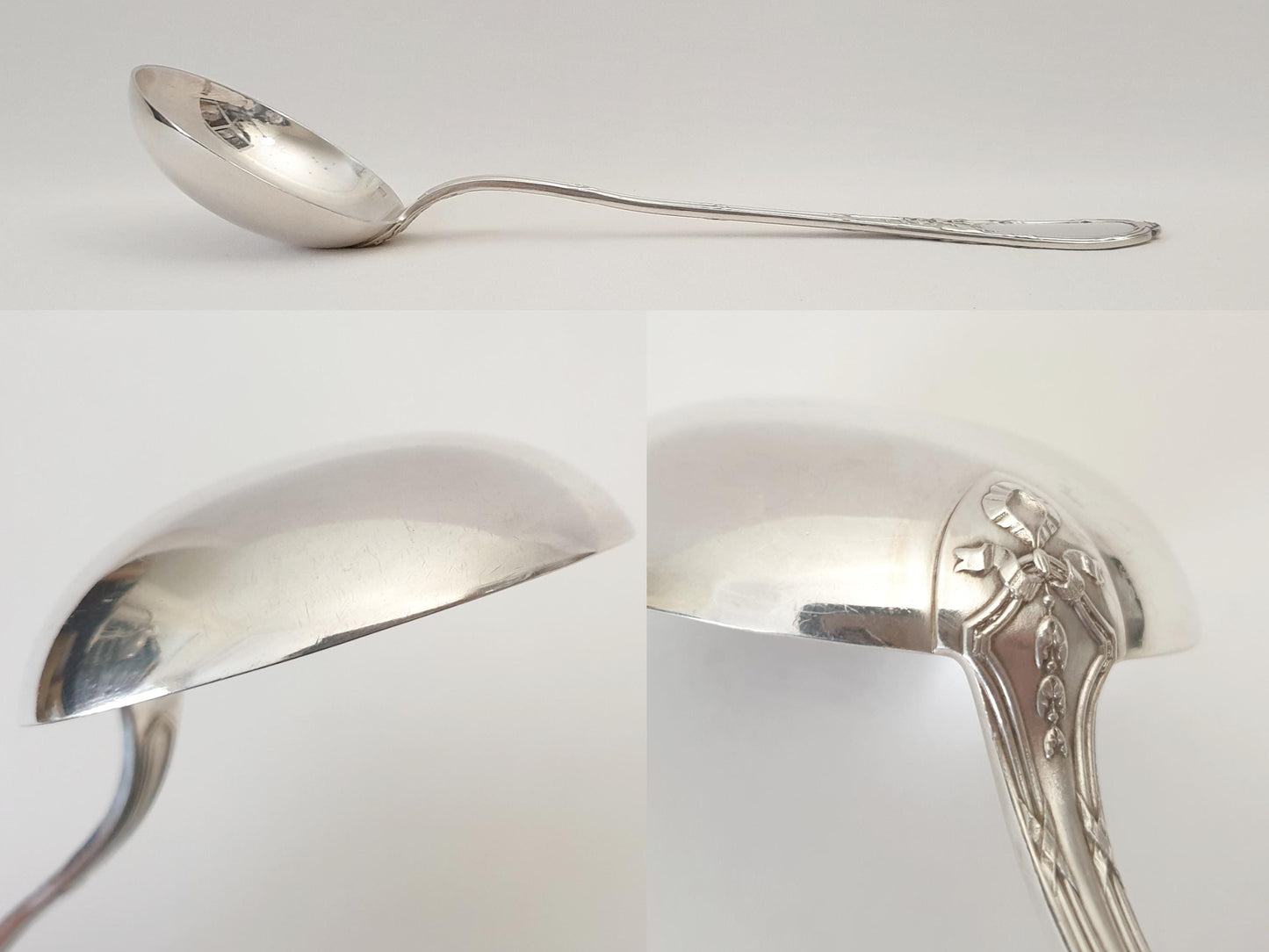 French Vintage Silver Plated Soup Ladle with Ribbons and Floral Design by Ercuis