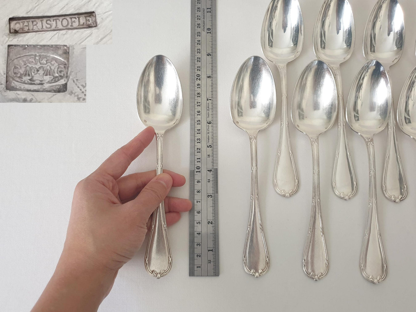 Christofle 12 Silver Plated Table Spoons 'Ribbons' Model - 12 French Christofle Soup Spoons