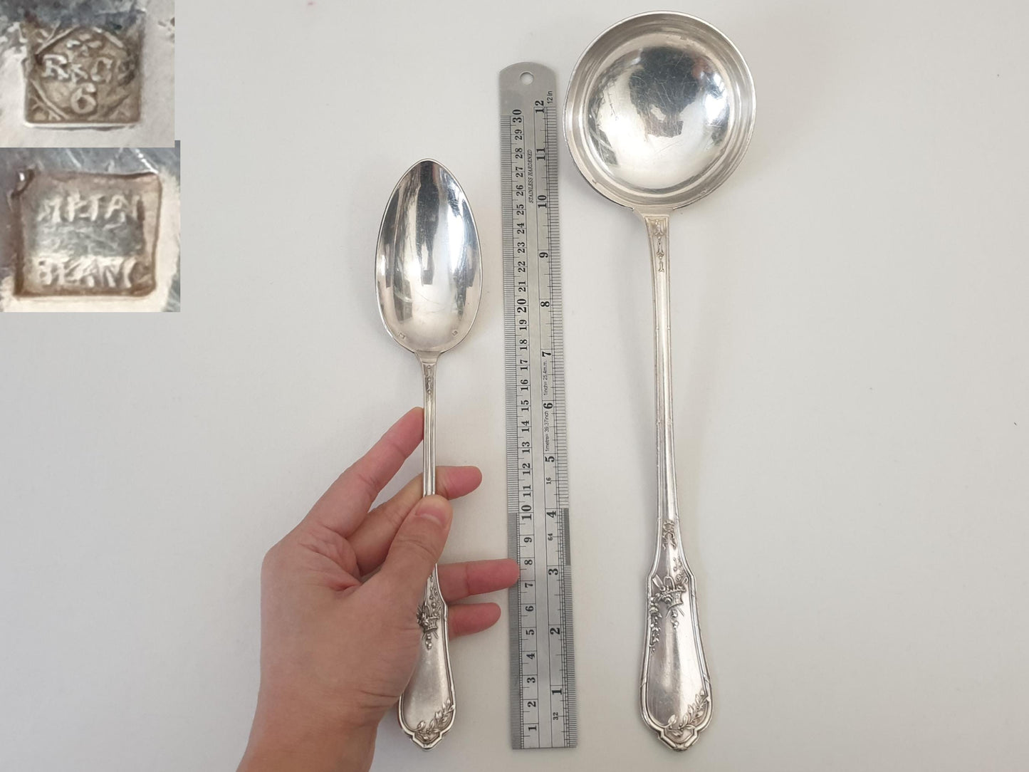 Set of 1 French Silver Plated Large Serving Spoon and 1 Soup Ladle in Louis XVI Style by Ravinet & Cie