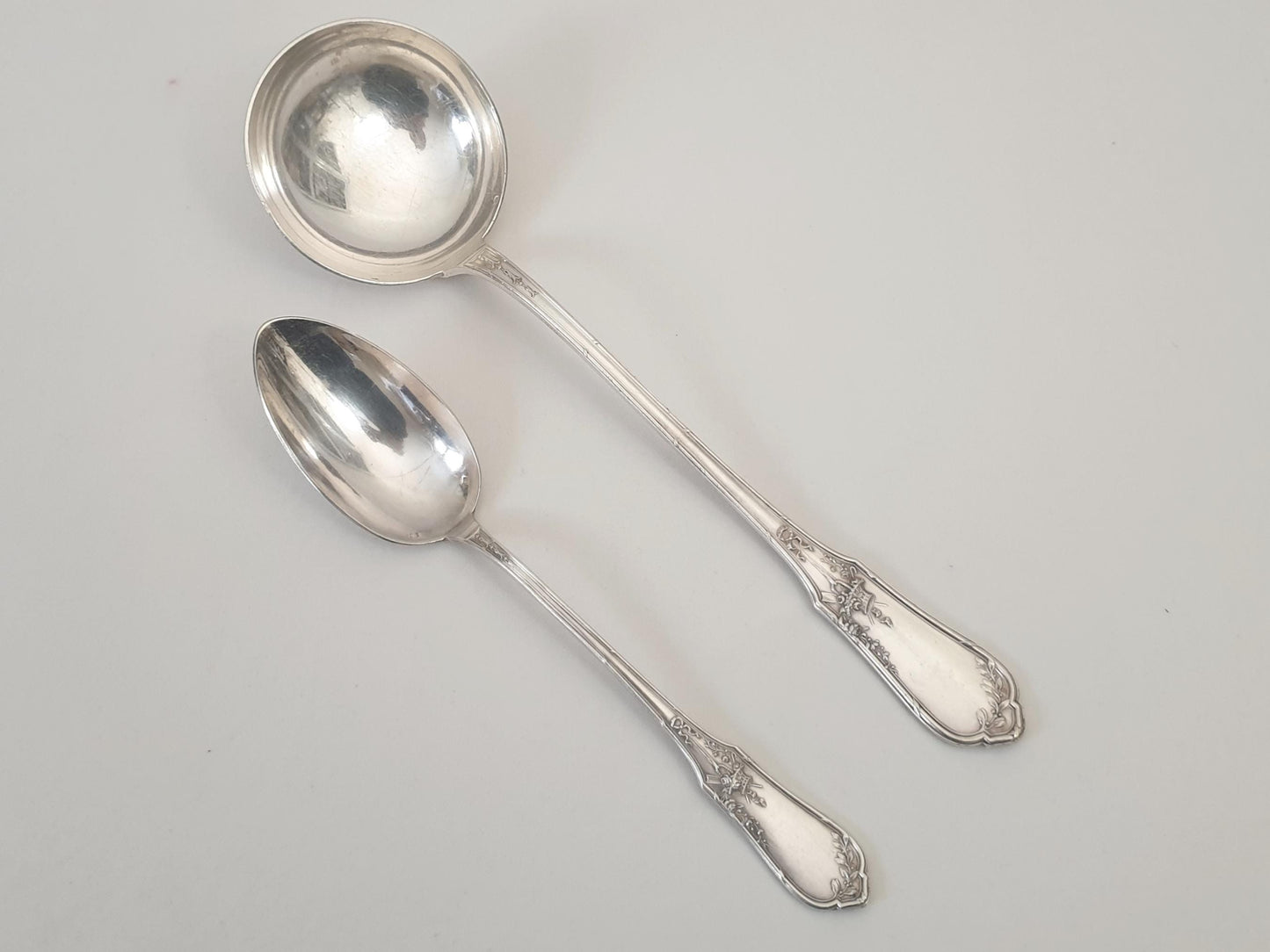 Set of 1 French Silver Plated Large Serving Spoon and 1 Soup Ladle in Louis XVI Style by Ravinet & Cie