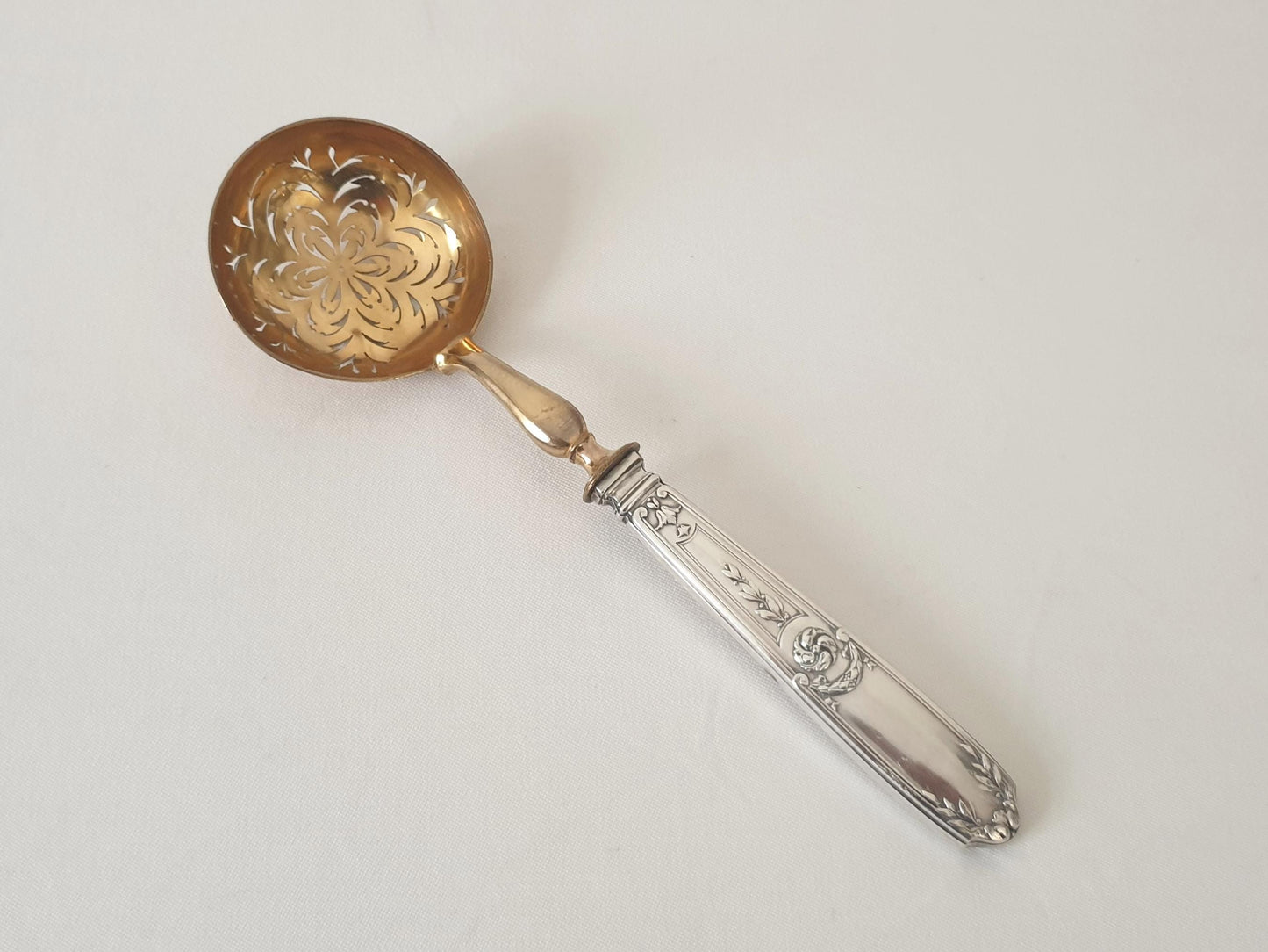 French Vintage Sugar Sifting Spoon in 950 Silver and Gilded Metal