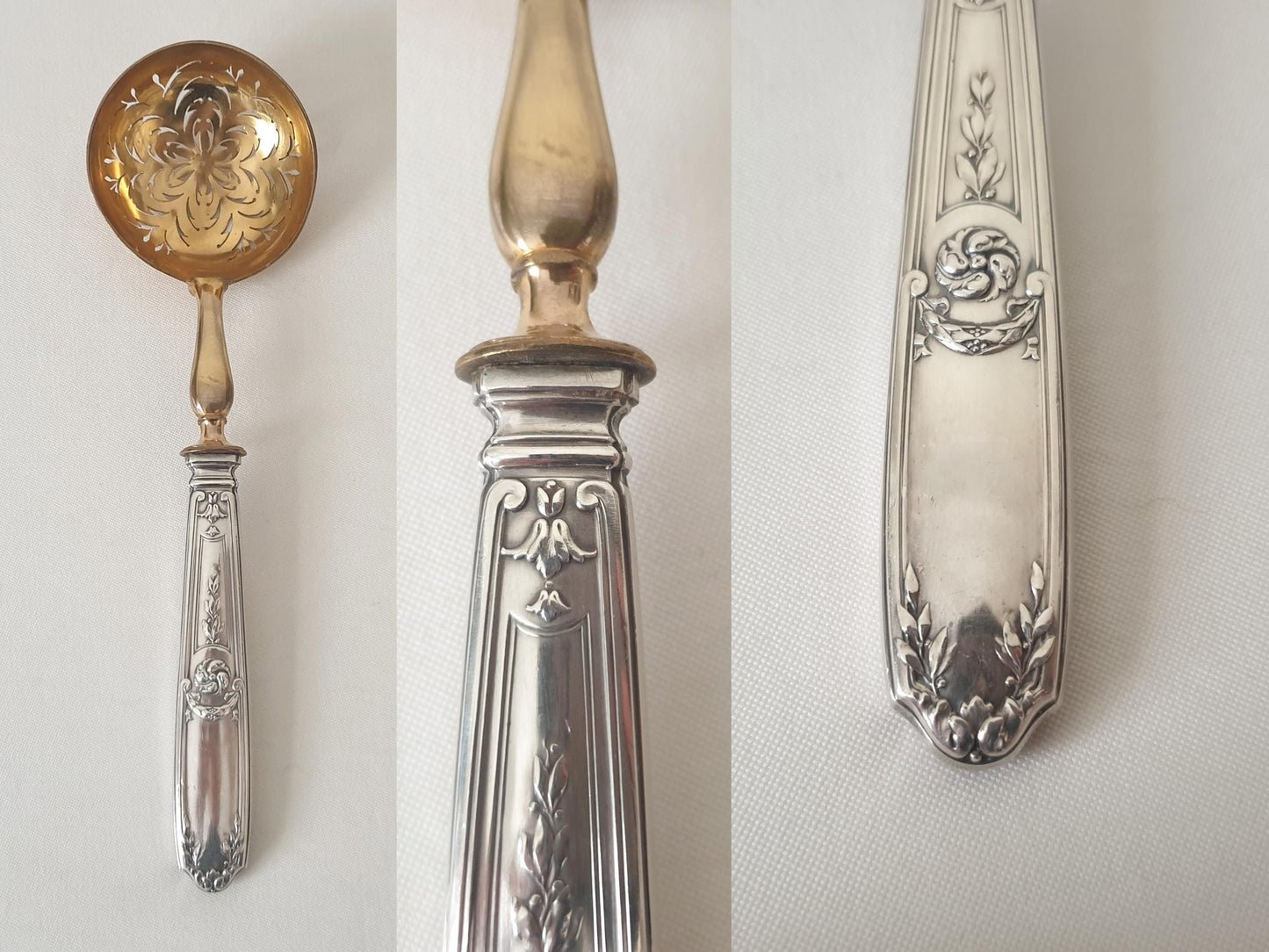 French Vintage Sugar Sifting Spoon in 950 Silver and Gilded Metal