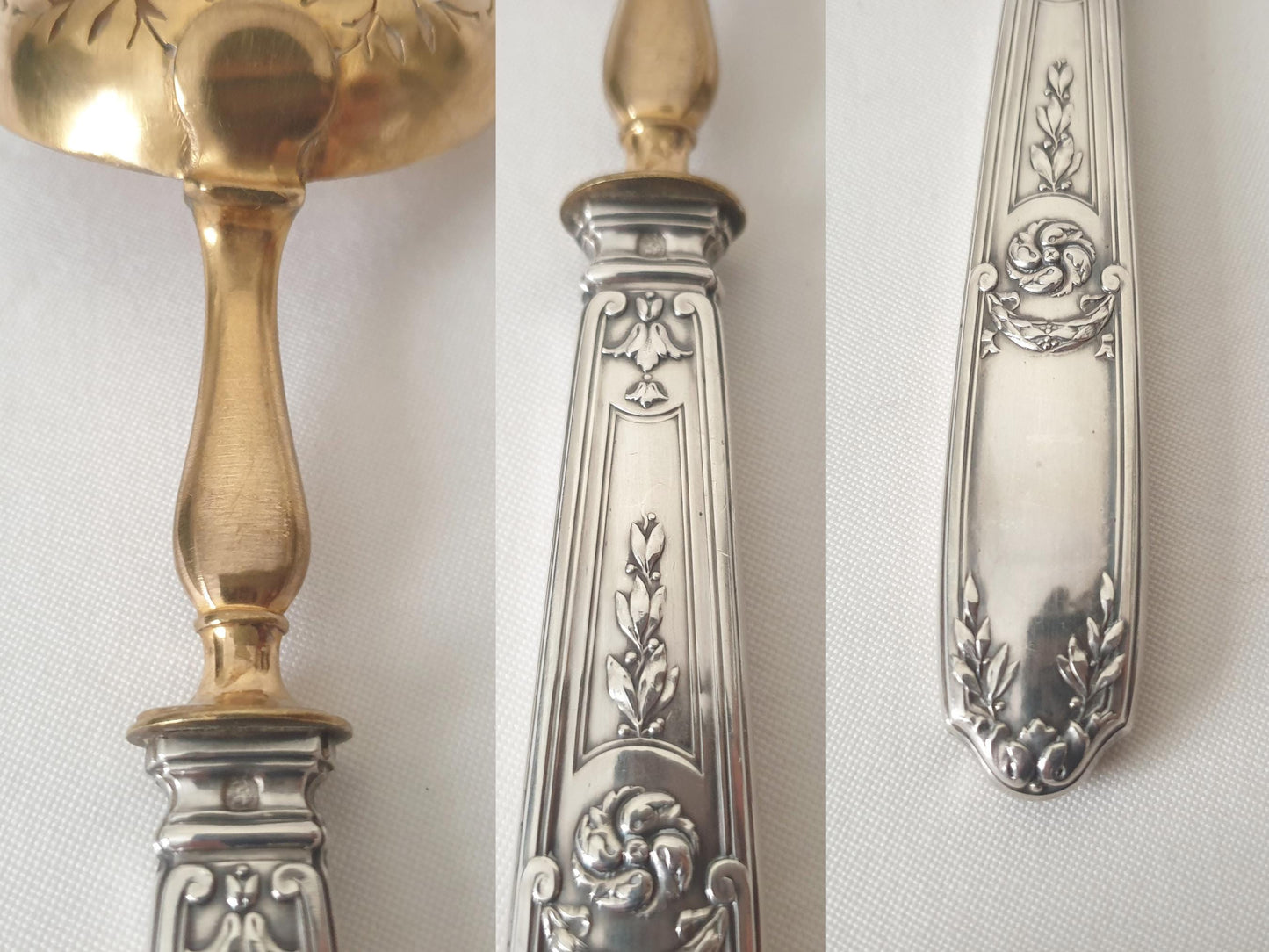 French Vintage Sugar Sifting Spoon in 950 Silver and Gilded Metal