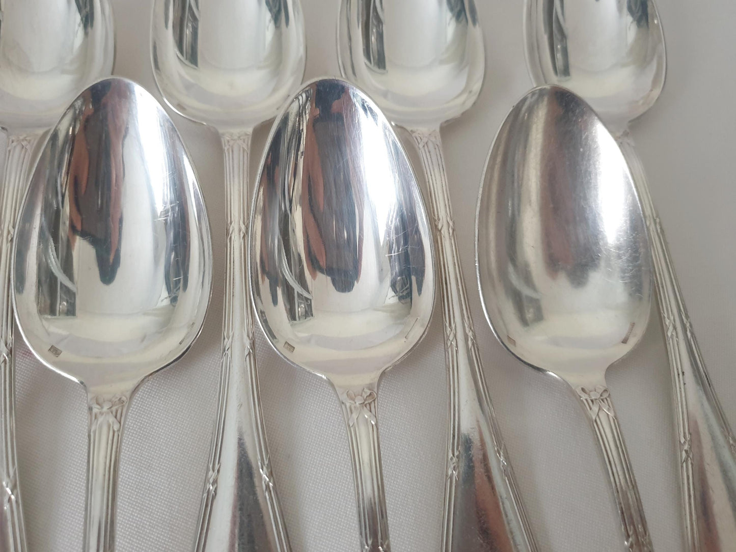 Christofle 12 Silver Plated Table Spoons 'Ribbons' Model - 12 French Christofle Soup Spoons