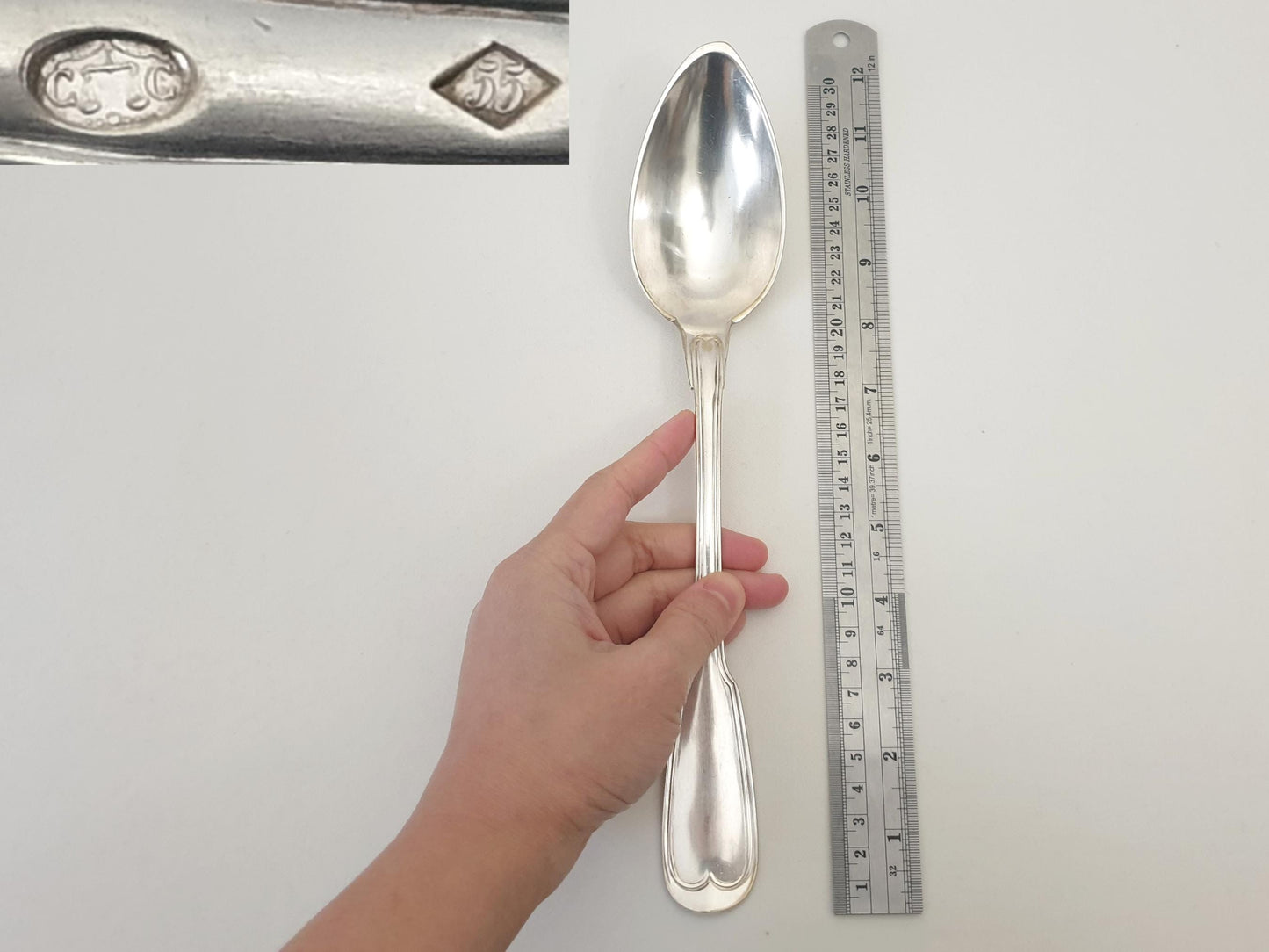 Christofle Silver Plated Large Serving Spoon or Stew Spoon with Pointed Bowl - 'Chinon' or 'Filets' Pattern