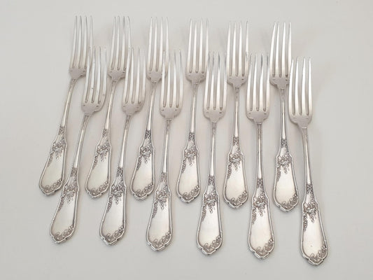 French 12 Silver Plated Table Forks in Louis XVI Style - 12 French Dinner Forks by Ravinet & Cie