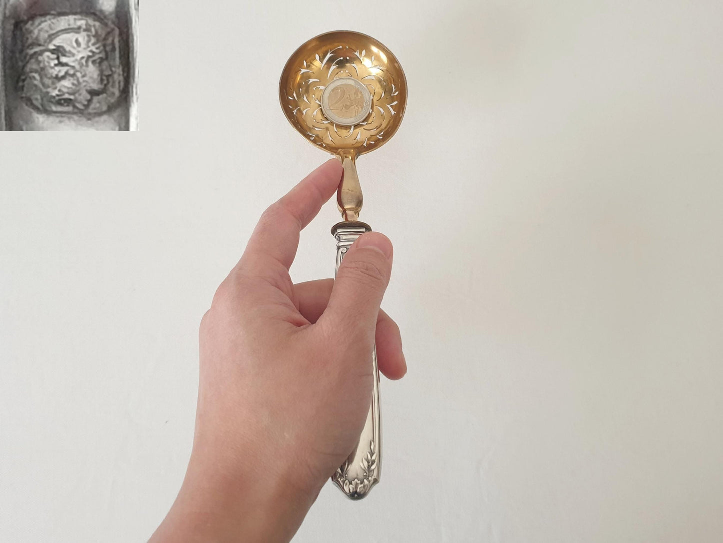 French Vintage Sugar Sifting Spoon in 950 Silver and Gilded Metal