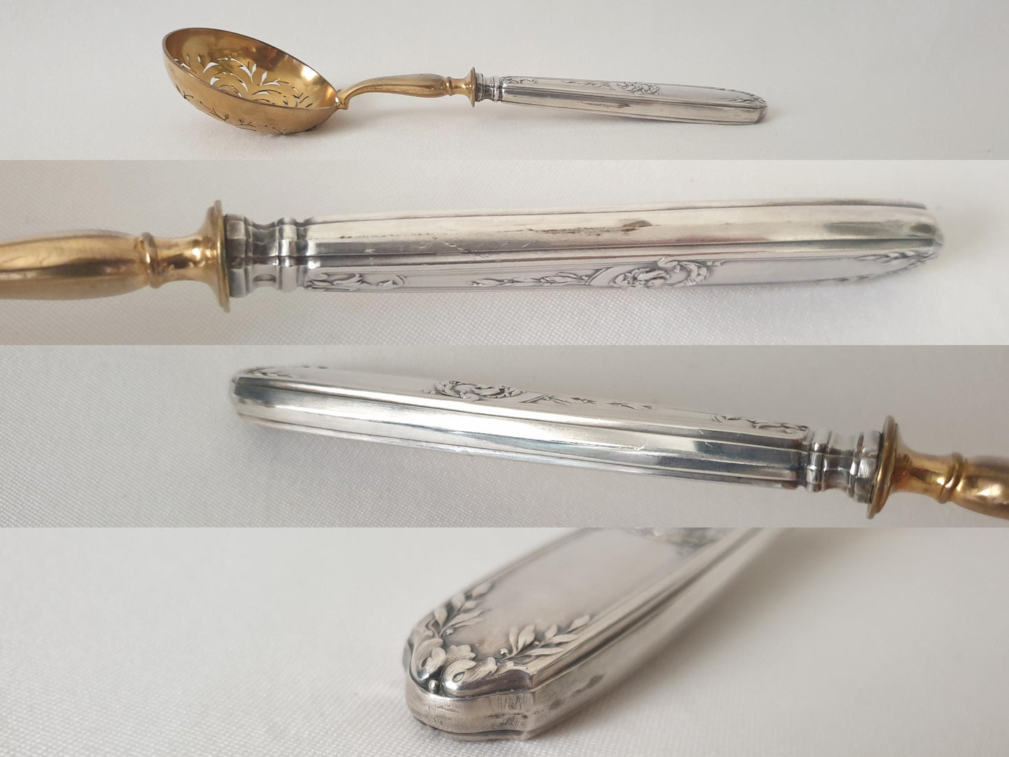 French Vintage Sugar Sifting Spoon in 950 Silver and Gilded Metal