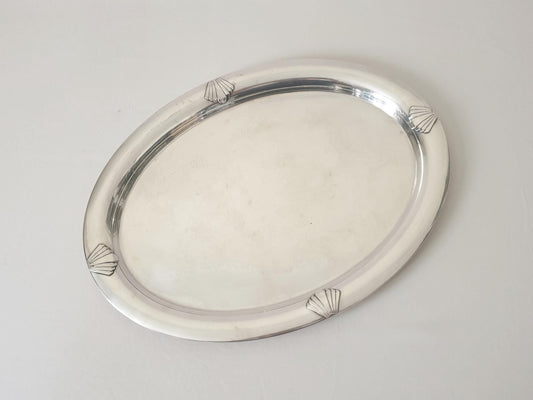 French Vintage Art Deco Large Silver Plated Oval Serving Tray