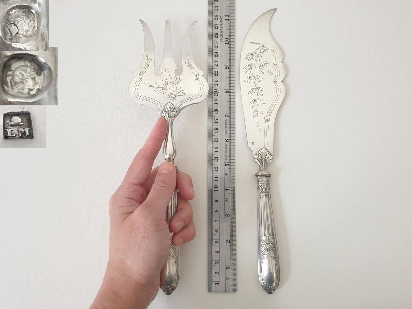 French Antique 2 Piece Fish Serving Set in 950 Silver & Silver Plated Metal – Louis XVI Style Fork and Knife