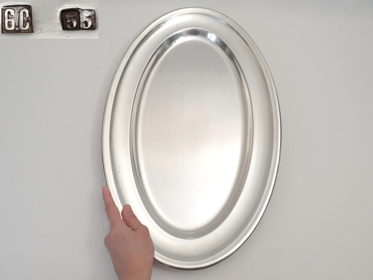 French Large Silver Plated Oval Serving – Large Vintage Oval Silver Plated Platter in Minimalist Style