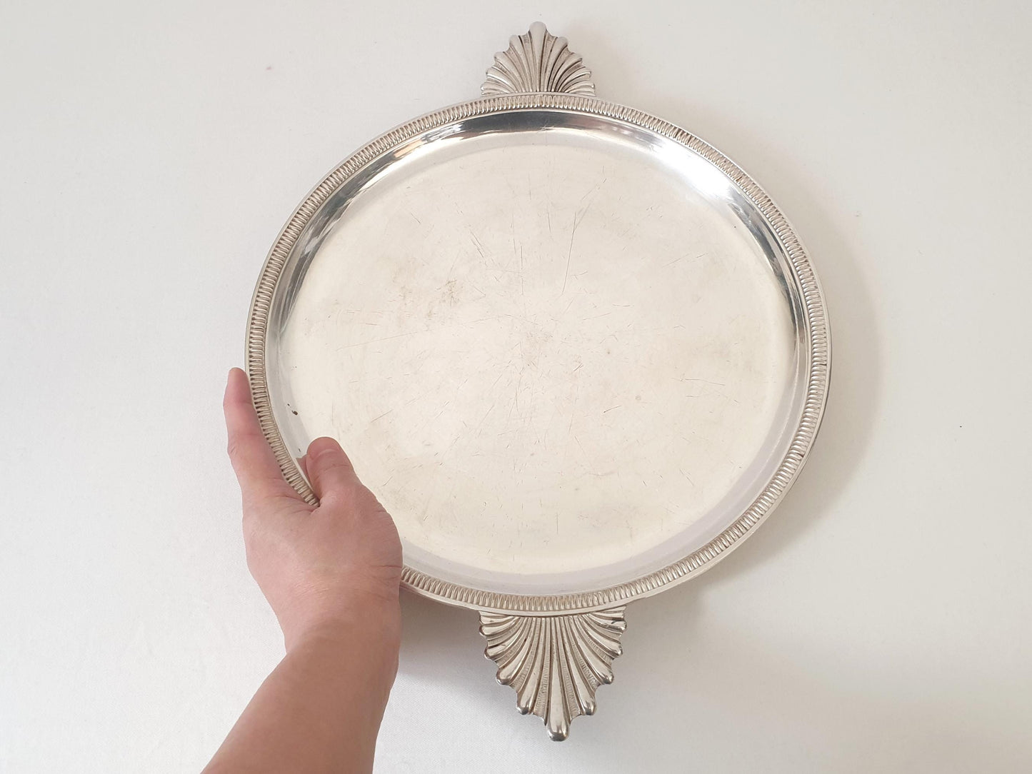 Vintage Silver Plated Circular Footed Serving Tray with Shell Handles – Centerpiece Platter on Four Feet
