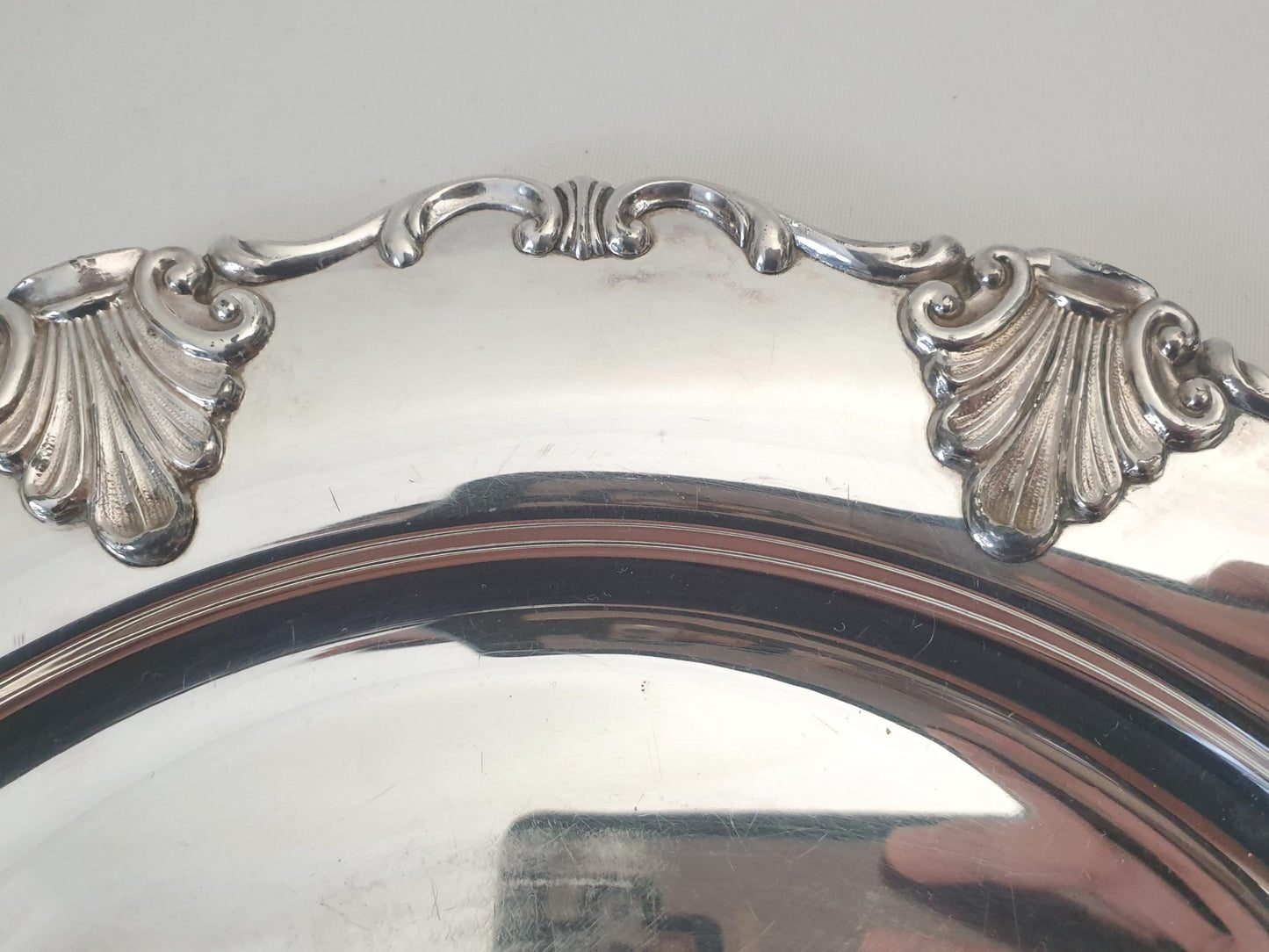 Vintage Silver Plated Circular Serving Tray in Rococo Style Shell & Scroll Rim
