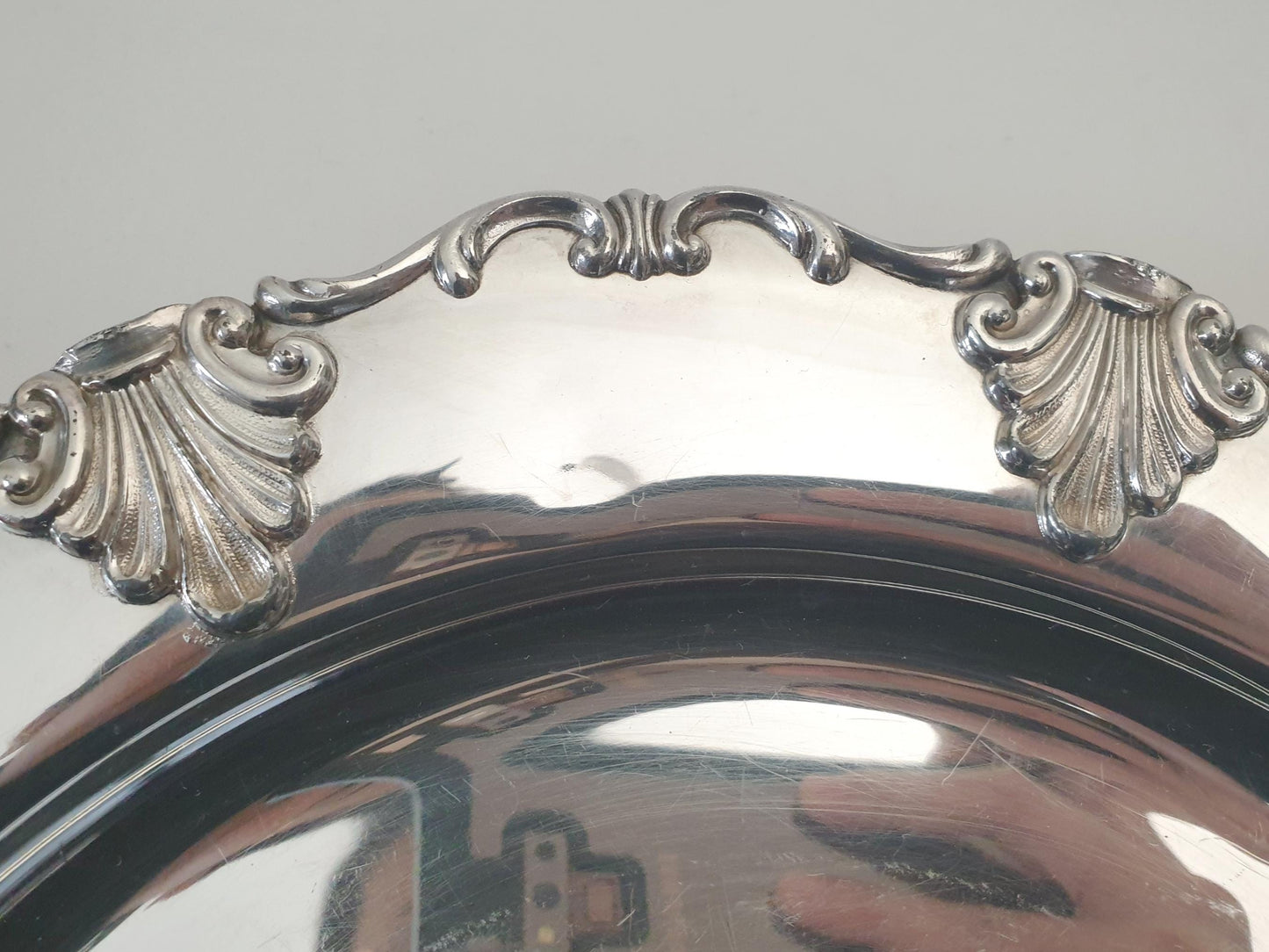 Vintage Silver Plated Circular Serving Tray in Rococo Style Shell & Scroll Rim