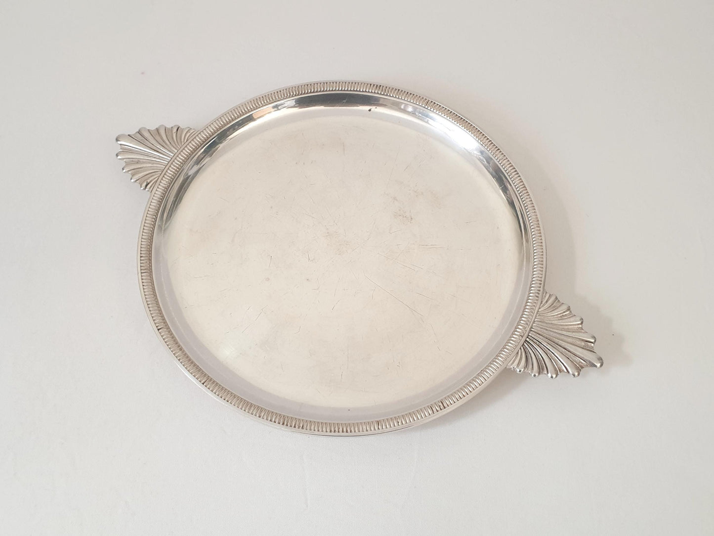 Vintage Silver Plated Circular Footed Serving Tray with Shell Handles – Centerpiece Platter on Four Feet
