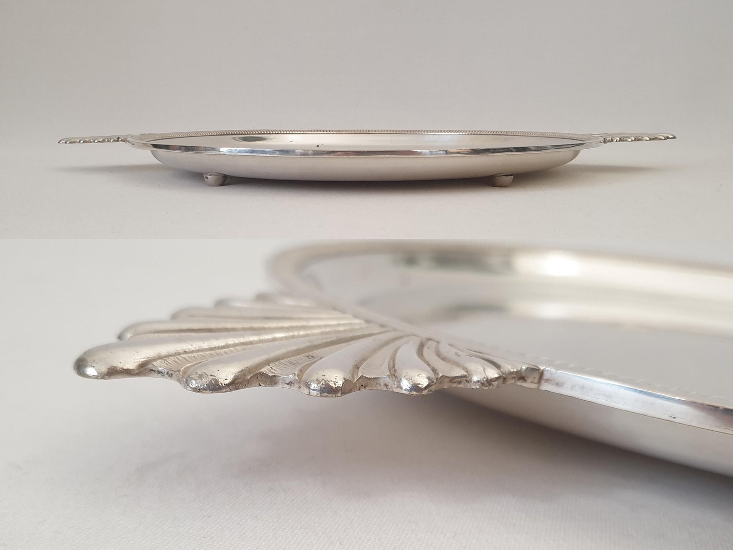 Vintage Silver Plated Circular Footed Serving Tray with Shell Handles – Centerpiece Platter on Four Feet