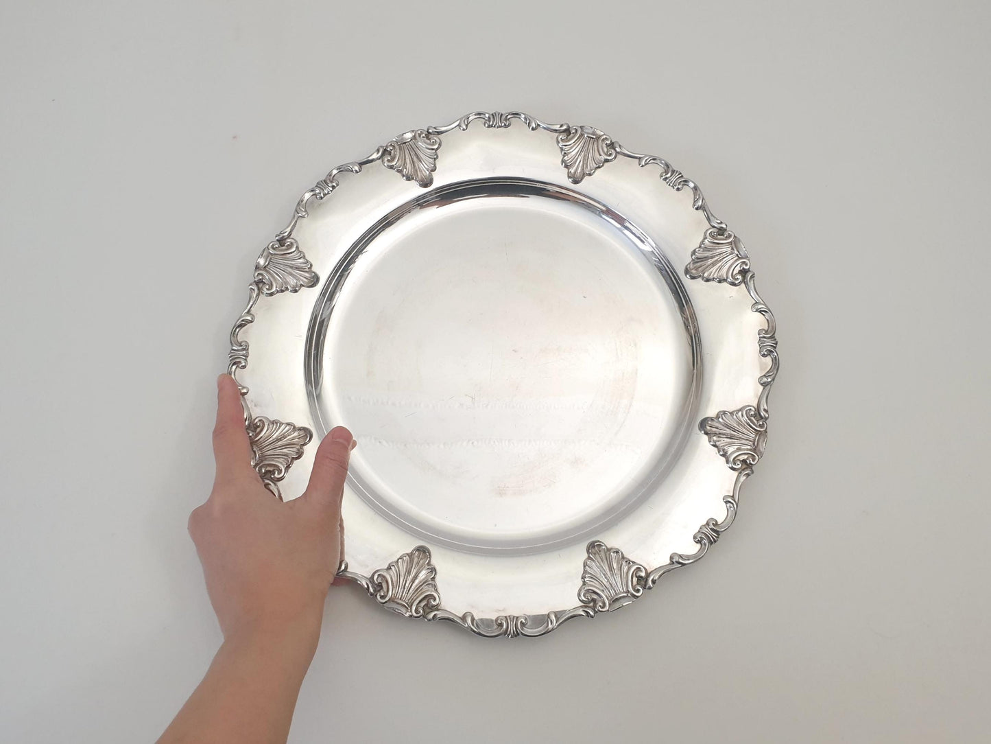 Vintage Silver Plated Circular Serving Tray in Rococo Style Shell & Scroll Rim