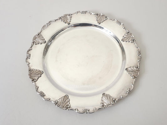 Vintage Silver Plated Circular Serving Tray in Rococo Style Shell & Scroll Rim