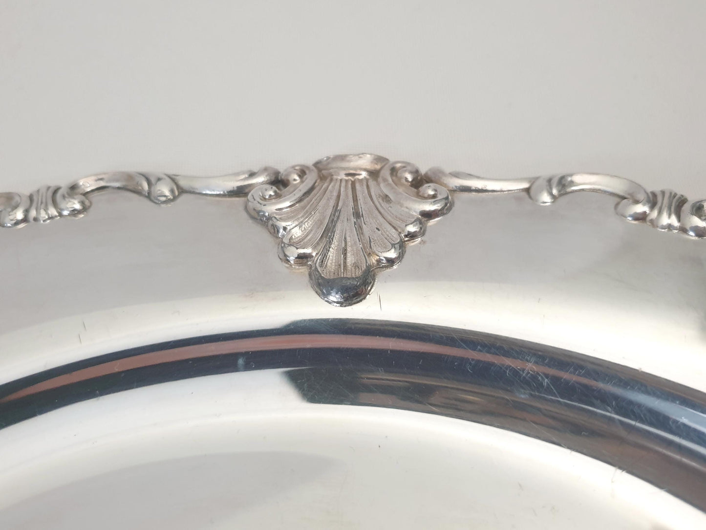 Vintage Silver Plated Circular Serving Tray in Rococo Style Shell & Scroll Rim