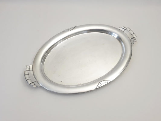 French Art Deco Silver Plated Oval Serving Tray with Handles – Centerpiece Platter by Argit