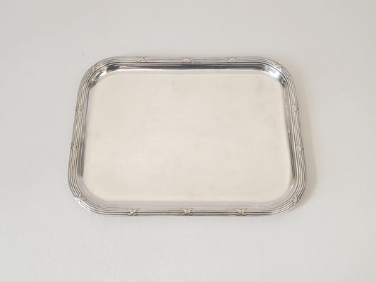 French Antique Small Silver Plated Rectangular Serving Tray or Decorative Tray with Ribbon and Reed Border by Boulenger
