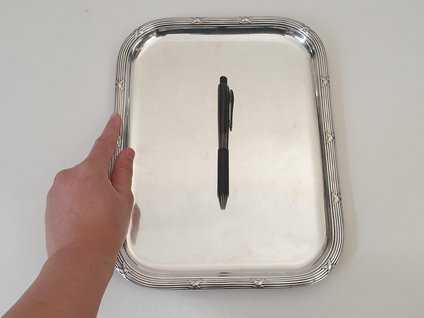 French Antique Small Silver Plated Rectangular Serving Tray or Decorative Tray with Ribbon and Reed Border by Boulenger