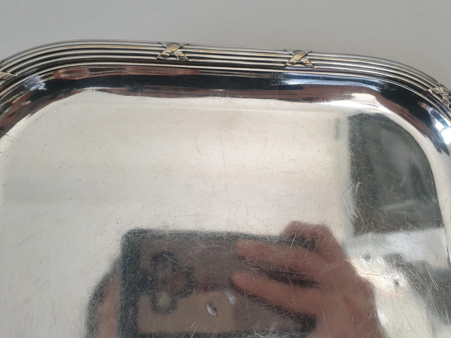 French Antique Small Silver Plated Rectangular Serving Tray or Decorative Tray with Ribbon and Reed Border by Boulenger