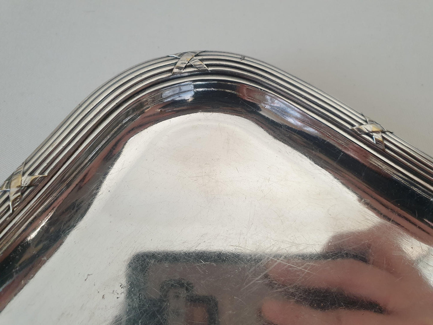 French Antique Small Silver Plated Rectangular Serving Tray or Decorative Tray with Ribbon and Reed Border by Boulenger