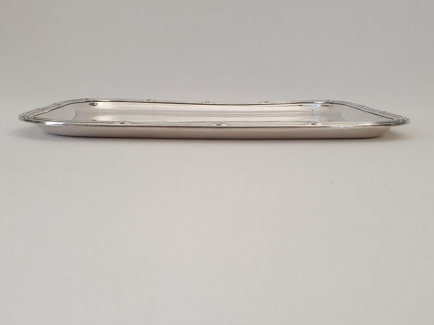 French Antique Small Silver Plated Rectangular Serving Tray or Decorative Tray with Ribbon and Reed Border by Boulenger