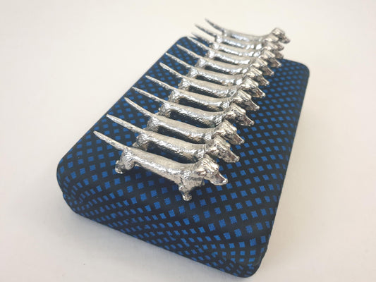 Set of 12 Vintage Silver Plated Dachshund (Teckel) Knife Rests in Blue Box