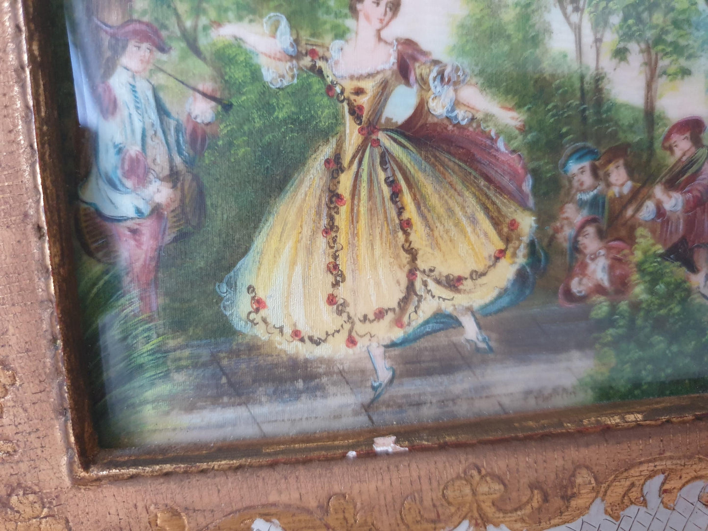 Vintage Hand Painted Miniature “Mademoiselle de Camargo” After Nicolas Lancret in Gilded Wood Frame