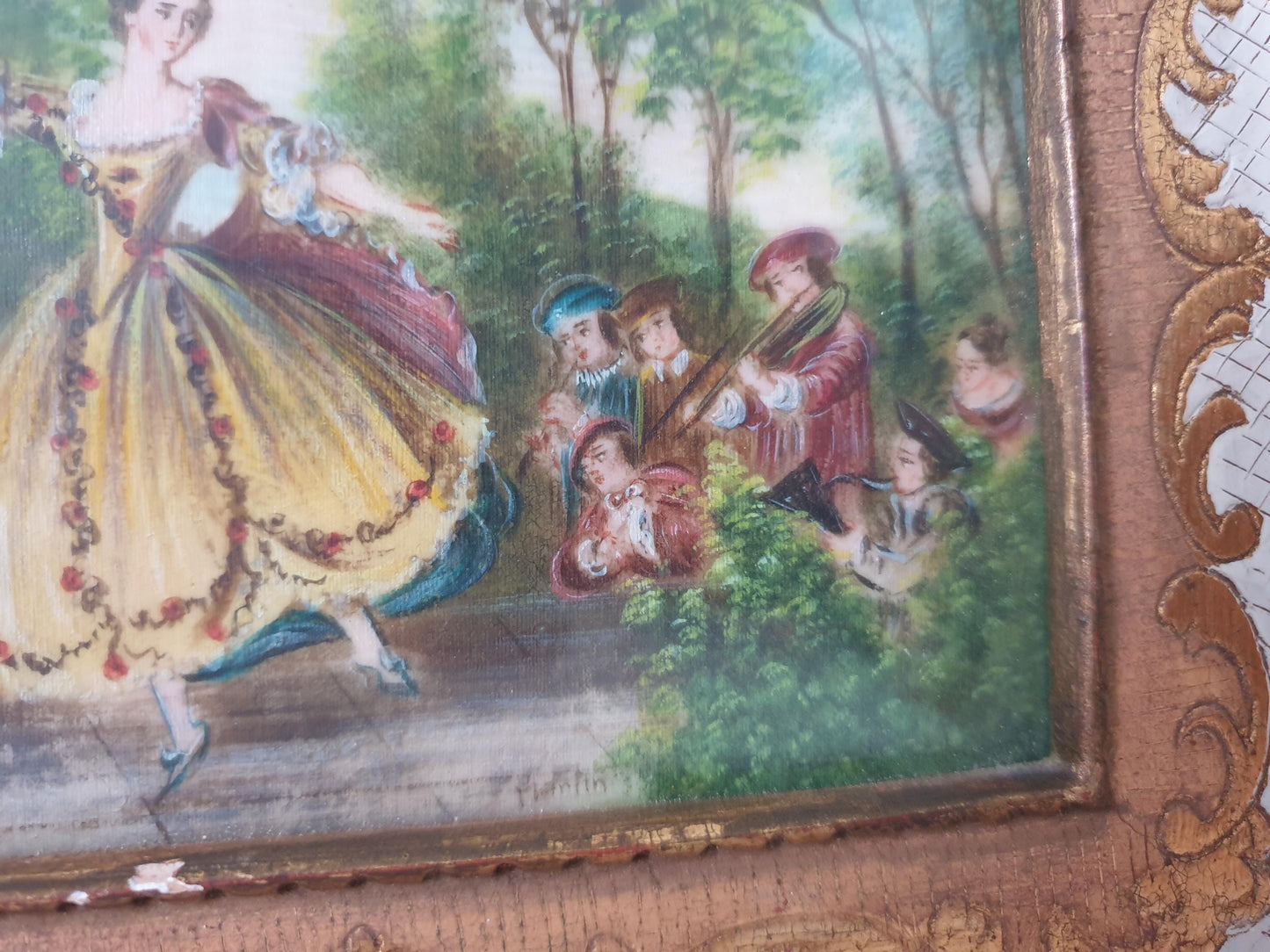 Vintage Hand Painted Miniature “Mademoiselle de Camargo” After Nicolas Lancret in Gilded Wood Frame