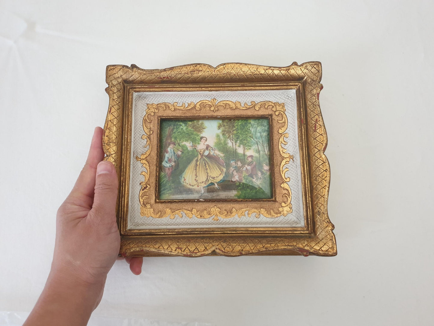 Vintage Hand Painted Miniature “Mademoiselle de Camargo” After Nicolas Lancret in Gilded Wood Frame