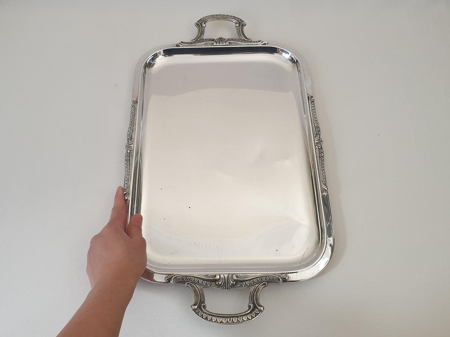 French Vintage Large Silver Plated Rectangular Serving Tray with Handles in Louis XVI Revival Style