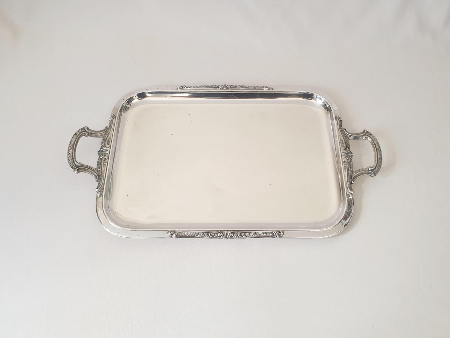 French Vintage Large Silver Plated Rectangular Serving Tray with Handles in Louis XVI Revival Style